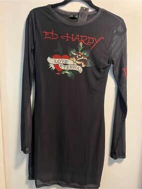 Ed Hardy Black Mesh Long Sleeve Dress with Red & Green Tattoo Floral Print